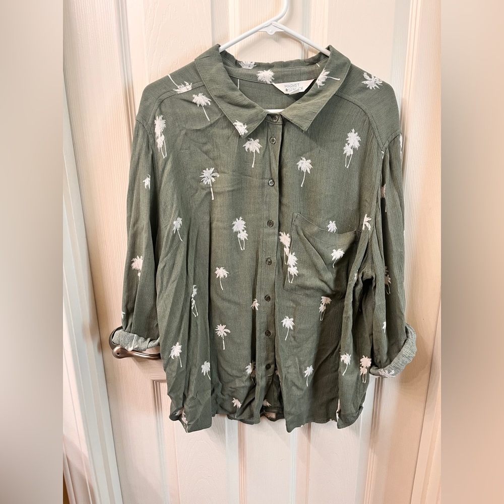 Market & Spruce Olive Palm Print Button Down Shirt XXL